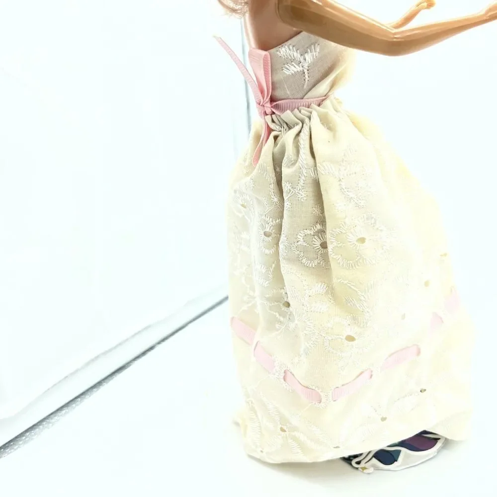 Doll Wearing Vintage White Long Ribbon Tie Up Lace Dress